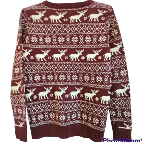 Holiday winter reindeer knit sweater Forever 21 wine red white accent Medium - Picture 2 of 4